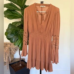 Blush Boho Brown Bell Sleeve Dress with Crochet Detail Size Large